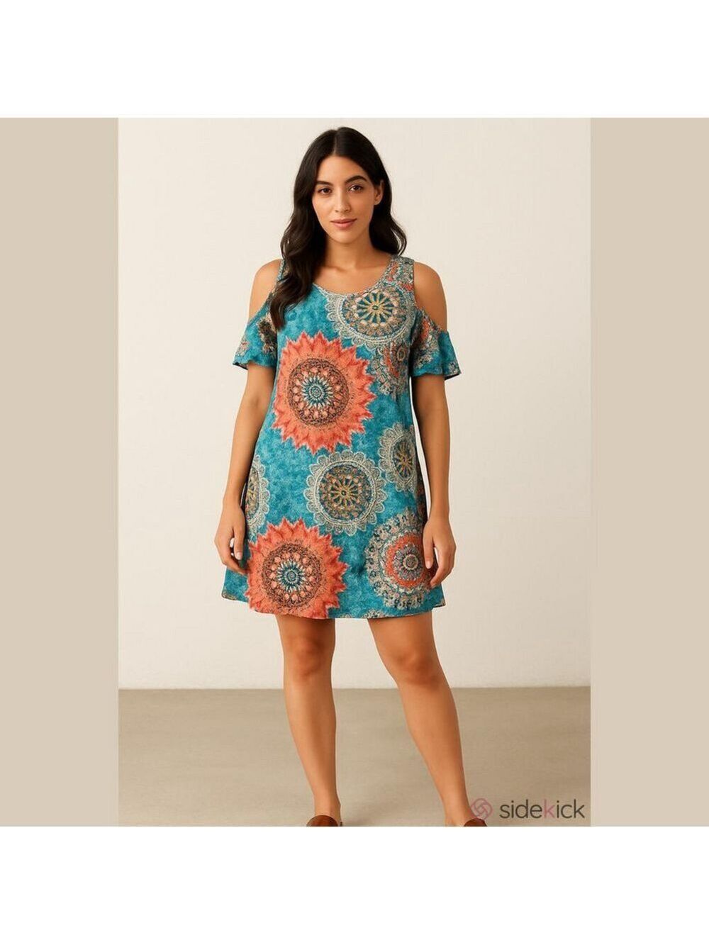 Kancystore cold shoulder short sleeves 
colorful dress woman’s XXL